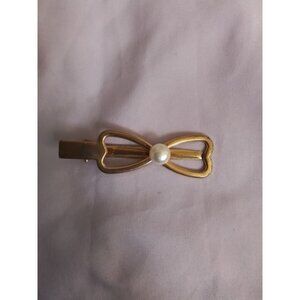 Vintage Gold Bow Hair Clip With Faux Pearl Accent